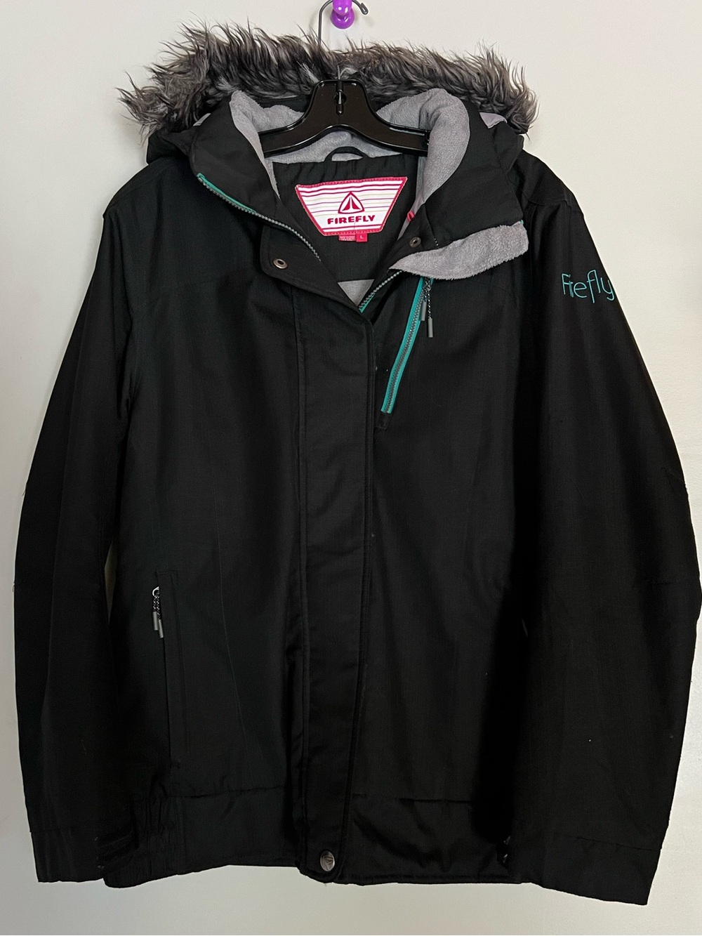 Firefly Womens Black Winter Ski Jacket Faux Fur Hood Teal Trim Size Large